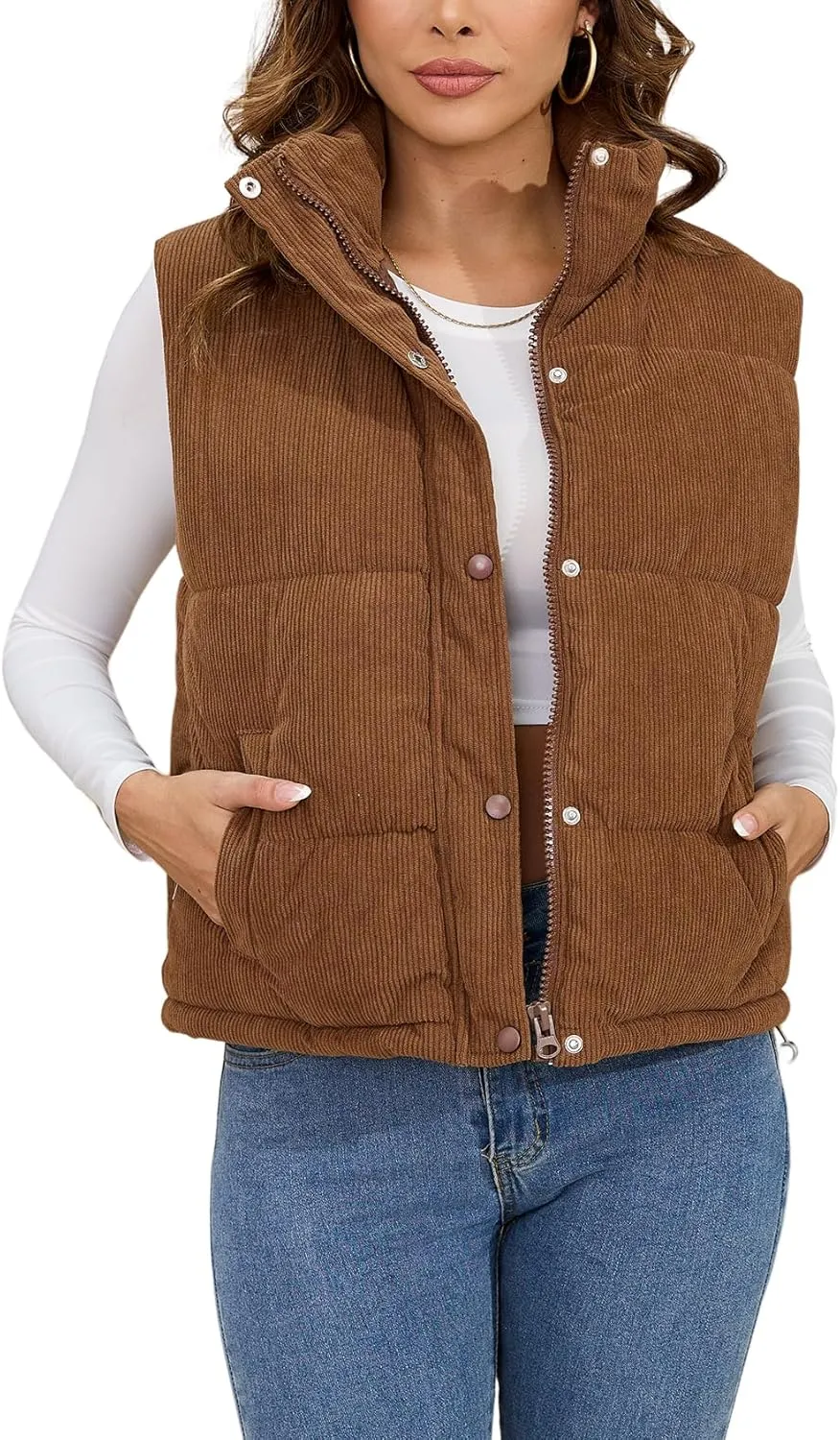 Gihuo Women's Corduroy Puffer Vest Stand Collar Zip Up Padded Vests Sleeveless Quilted Jackets Snap Gilet with Pockets