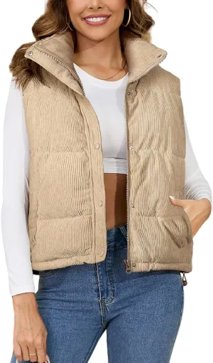 Gihuo Women's Corduroy Puffer Vest Stand Collar Zip Up Padded Vests Sleeveless Quilted Jackets Snap Gilet with Pockets