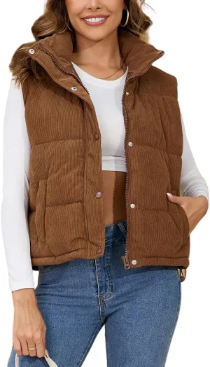 Gihuo Women's Corduroy Puffer Vest Stand Collar Zip Up Padded Vests Sleeveless Quilted Jackets Snap Gilet with Pockets