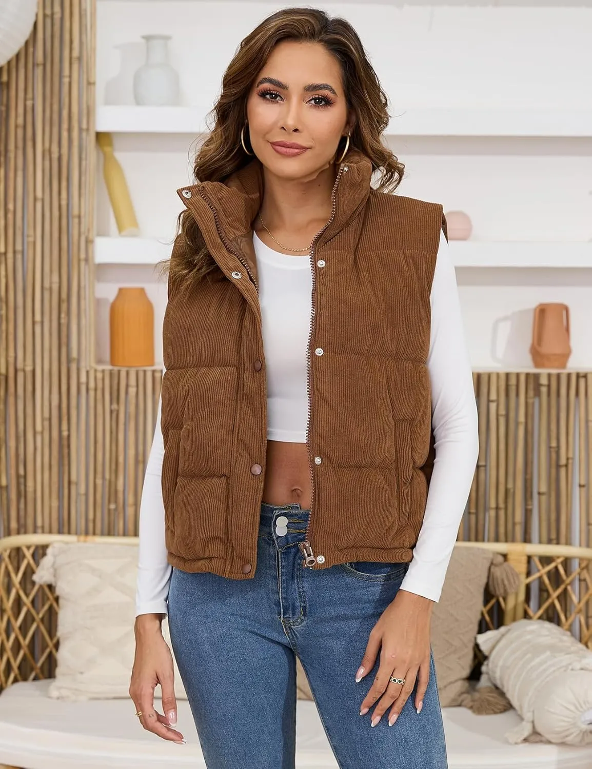 Gihuo Women's Corduroy Puffer Vest Stand Collar Zip Up Padded Vests Sleeveless Quilted Jackets Snap Gilet with Pockets
