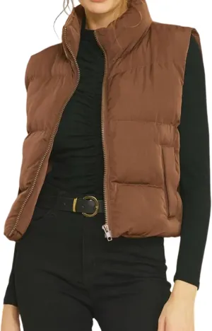 Gihuo Women's Winter Cropped Puffer Vest Stand Collar Zip Up Sleeveless Padded Jacket Lightweight Outerwear