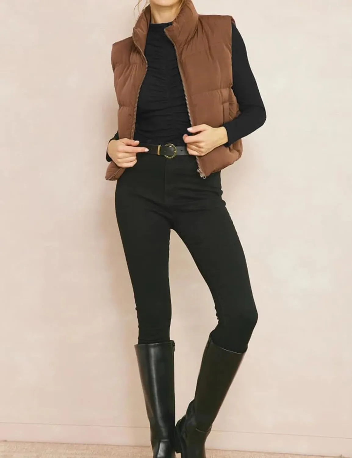 Gihuo Women's Winter Cropped Puffer Vest Stand Collar Zip Up Sleeveless Padded Jacket Lightweight Outerwear