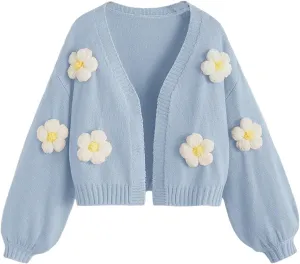 Girl's Appliques Long Sleeve Cardigan Open Front Drop Shoulder Sweater Cute Knit Outerwear