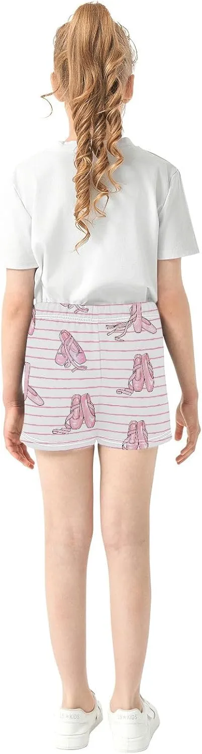 Girls Athletic Shorts Ballet Shoes Pattern Summer Casual Girls Sports Shorts with Pockets for 7-15Y