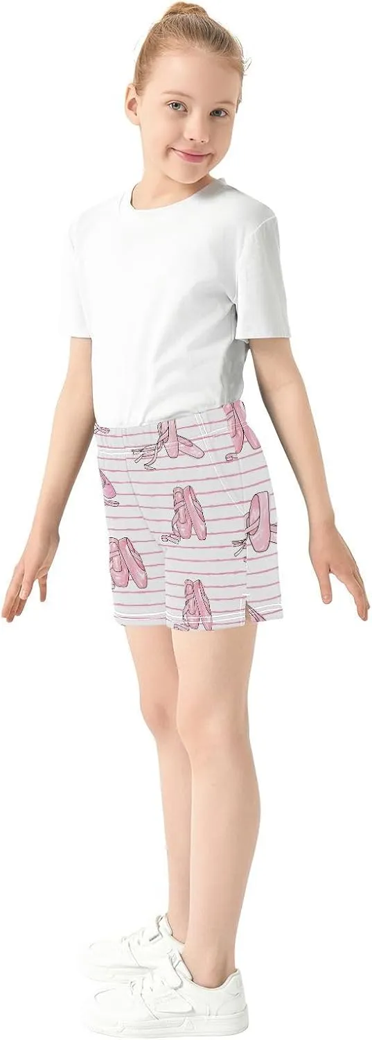Girls Athletic Shorts Ballet Shoes Pattern Summer Casual Girls Sports Shorts with Pockets for 7-15Y