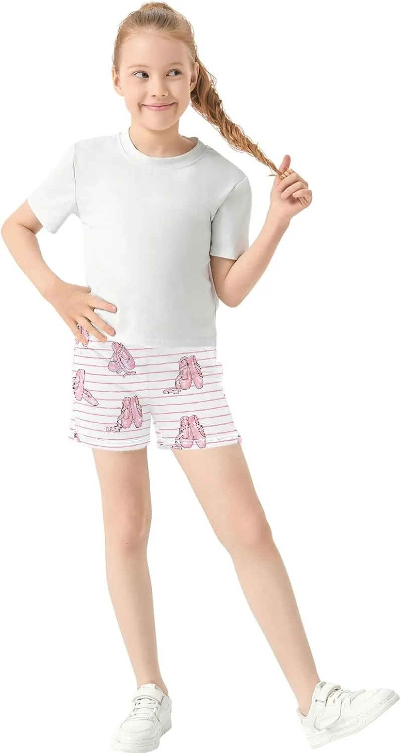 Girls Athletic Shorts Ballet Shoes Pattern Summer Casual Girls Sports Shorts with Pockets for 7-15Y