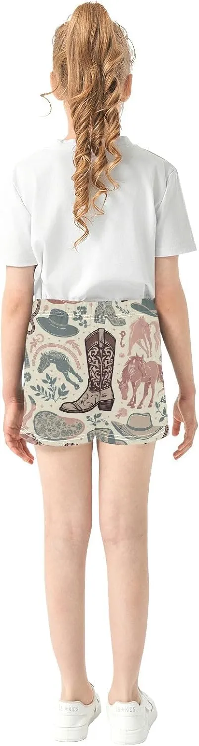 Girls Athletic Shorts Horseshoe and Boot Summer Casual Girls Sports Shorts with Pockets for 7-15Y
