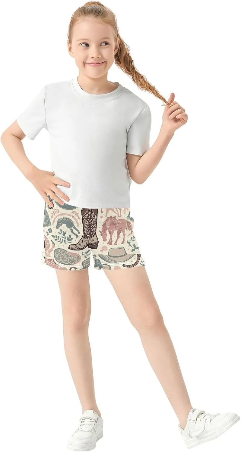 Girls Athletic Shorts Horseshoe and Boot Summer Casual Girls Sports Shorts with Pockets for 7-15Y