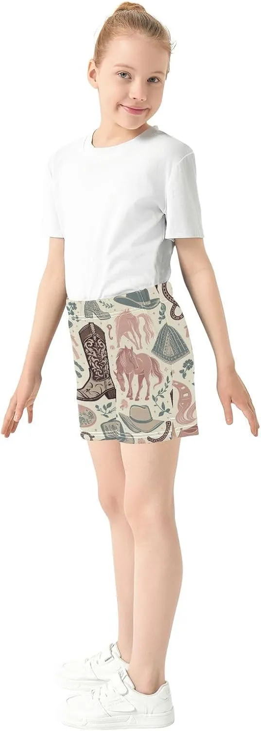 Girls Athletic Shorts Horseshoe and Boot Summer Casual Girls Sports Shorts with Pockets for 7-15Y