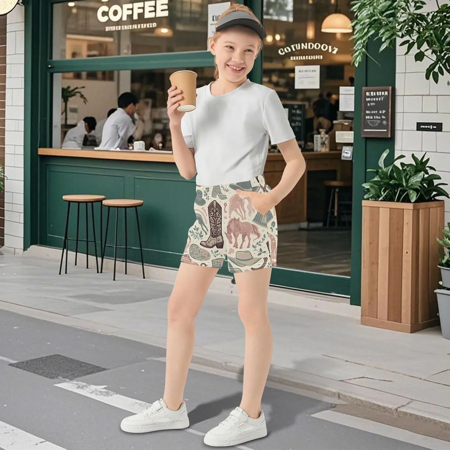 Girls Athletic Shorts Horseshoe and Boot Summer Casual Girls Sports Shorts with Pockets for 7-15Y