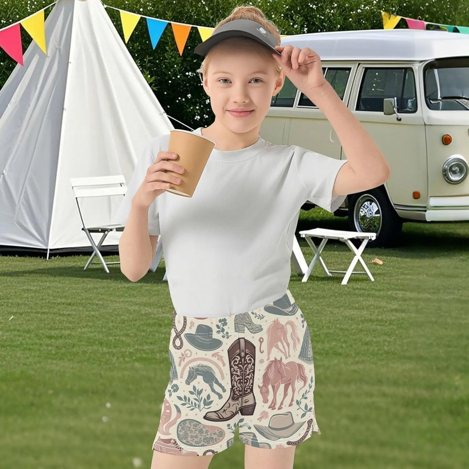 Girls Athletic Shorts Horseshoe and Boot Summer Casual Girls Sports Shorts with Pockets for 7-15Y