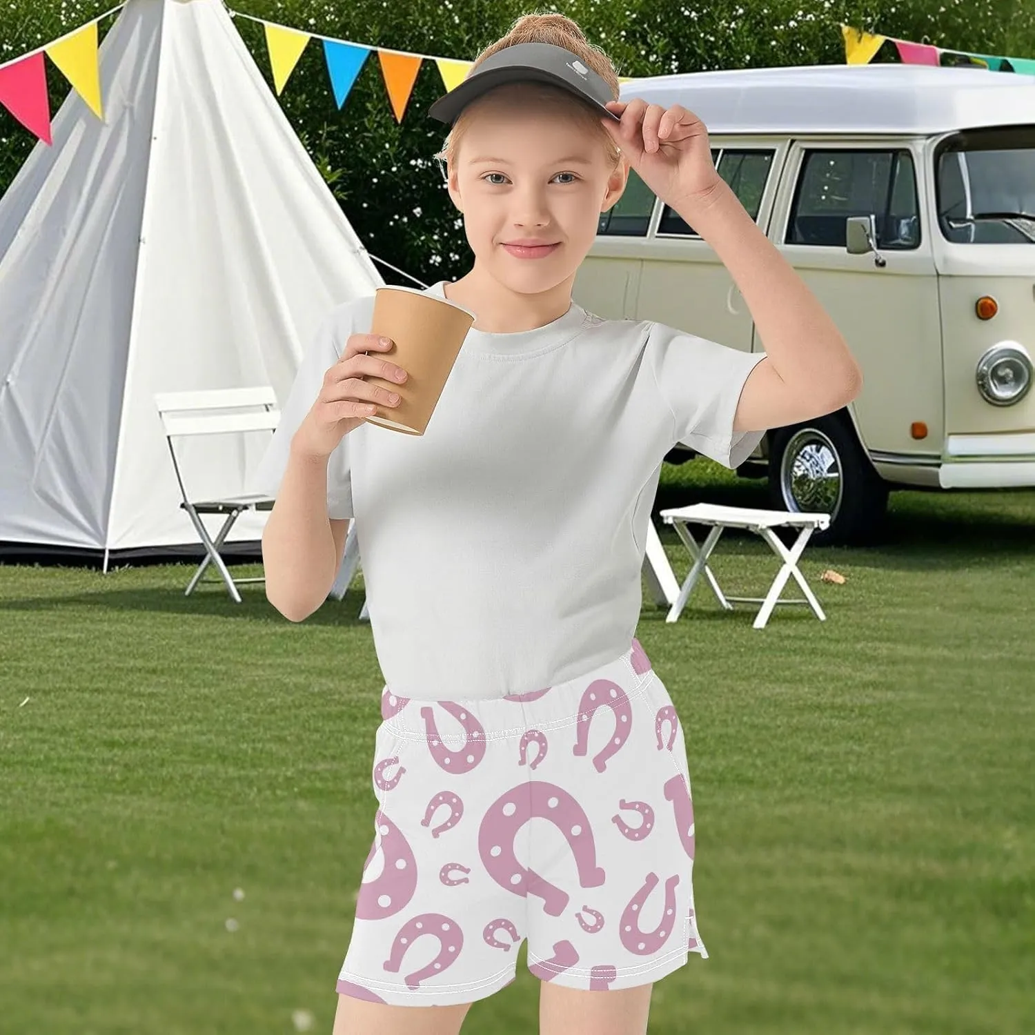 Girls Athletic Shorts Horseshoe Summer Casual Girls Sports Shorts with Pockets for 7-15Y