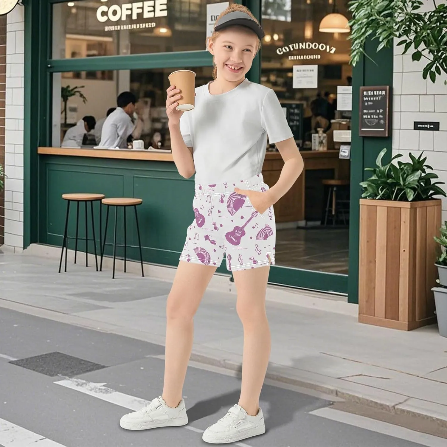 Girls Athletic Shorts Shoes Notes Guitars Summer Casual Girls Sports Shorts with Pockets for 7-15Y
