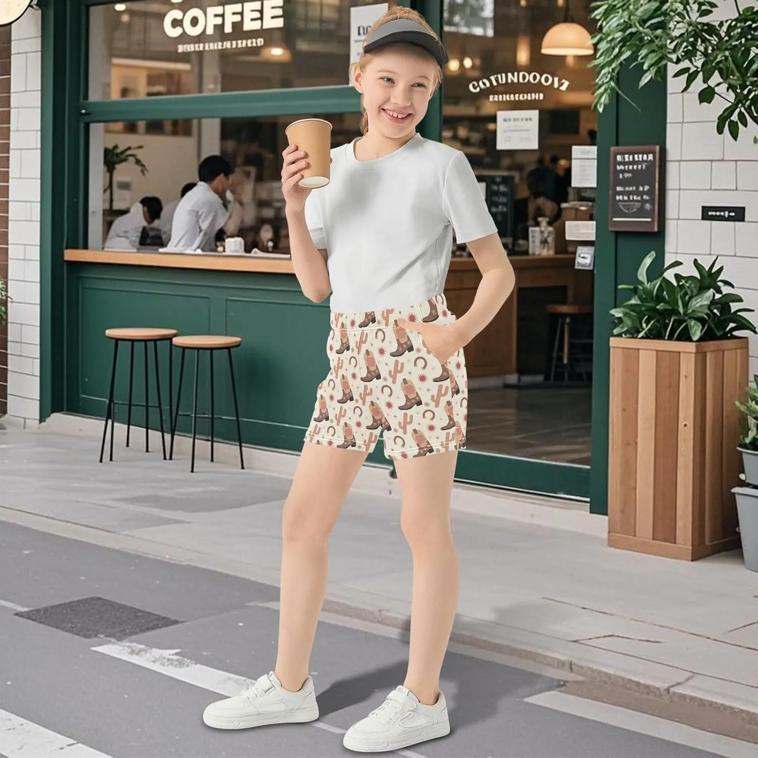 Girls Athletic Shorts Western Boots Cactus Summer Casual Girls Sports Shorts with Pockets for 7-15Y