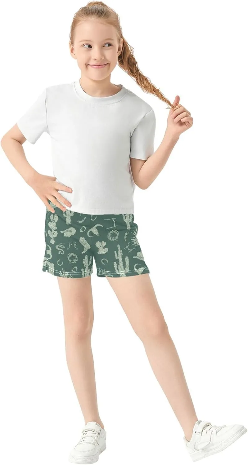 Girls Athletic Shorts Western Pattern Horseshoes Summer Casual Girls Sports Shorts with Pockets for 7-15Y