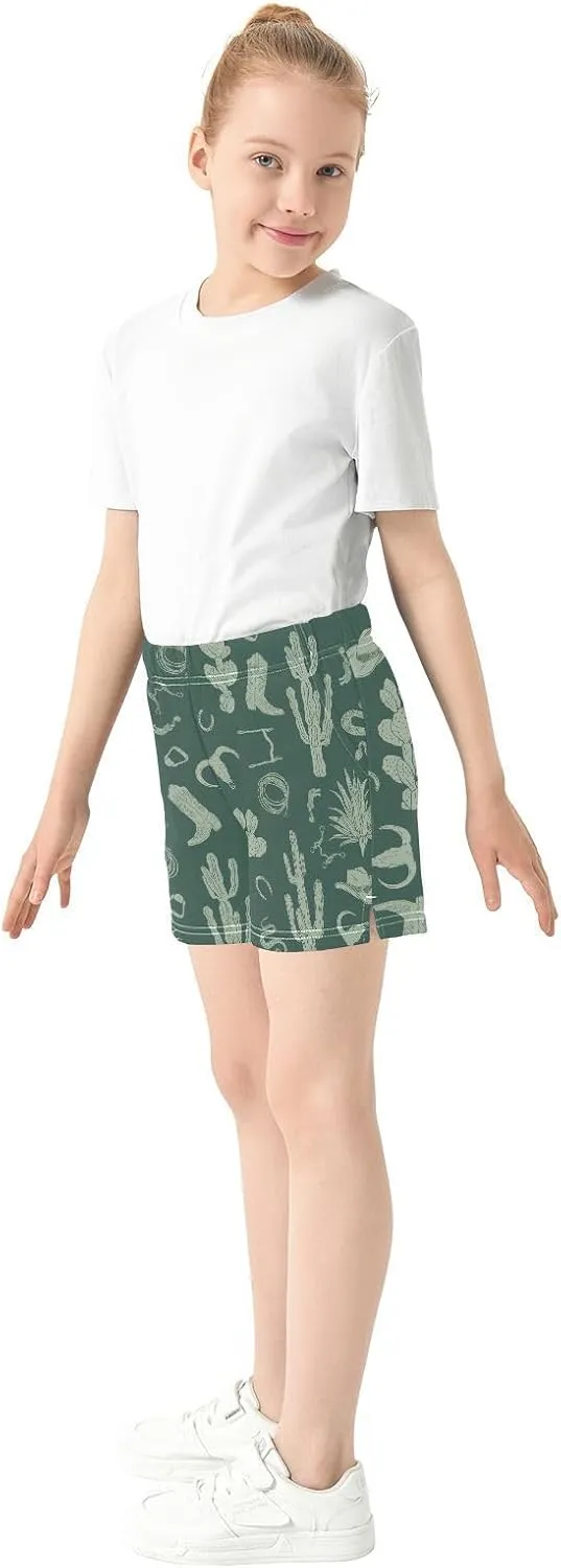 Girls Athletic Shorts Western Pattern Horseshoes Summer Casual Girls Sports Shorts with Pockets for 7-15Y