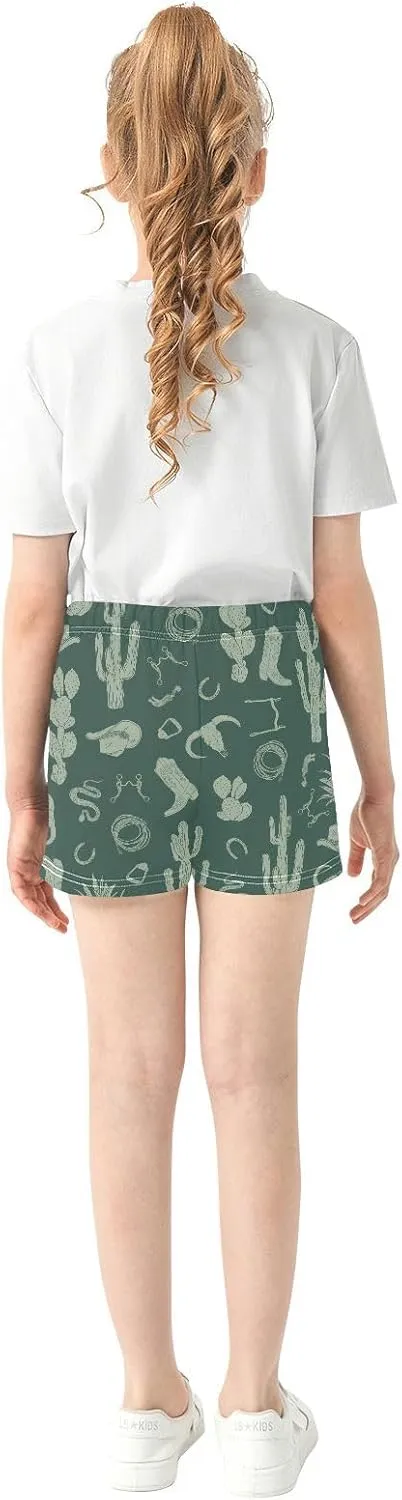 Girls Athletic Shorts Western Pattern Horseshoes Summer Casual Girls Sports Shorts with Pockets for 7-15Y