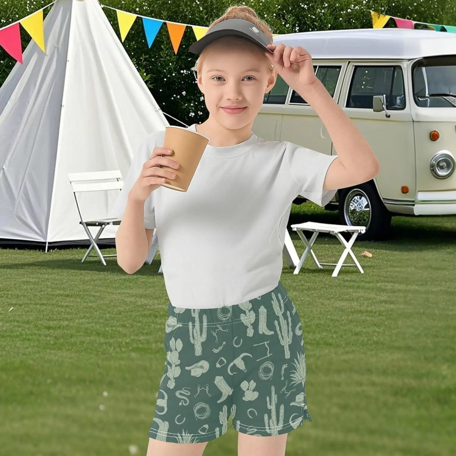 Girls Athletic Shorts Western Pattern Horseshoes Summer Casual Girls Sports Shorts with Pockets for 7-15Y