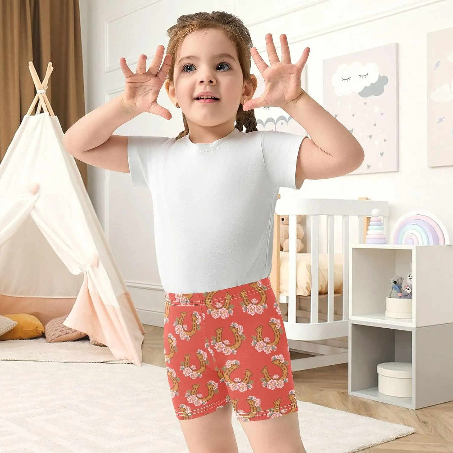 Girls' Bike Shorts Cute Horseshoe Flower Pattern Soft Cotton Leggings Shorts for Kids Summer Clothes 4-10 Years