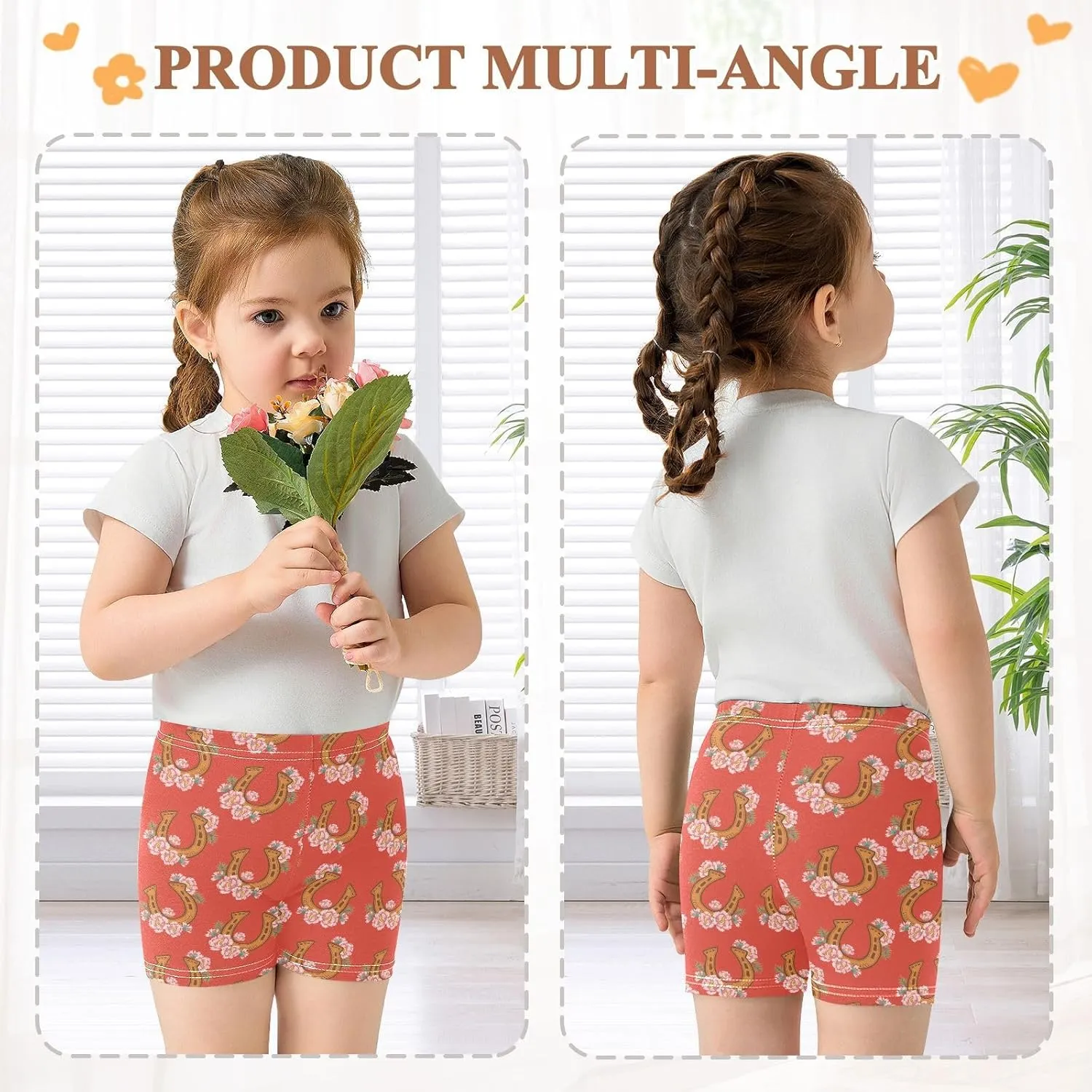 Girls' Bike Shorts Cute Horseshoe Flower Pattern Soft Cotton Leggings Shorts for Kids Summer Clothes 4-10 Years