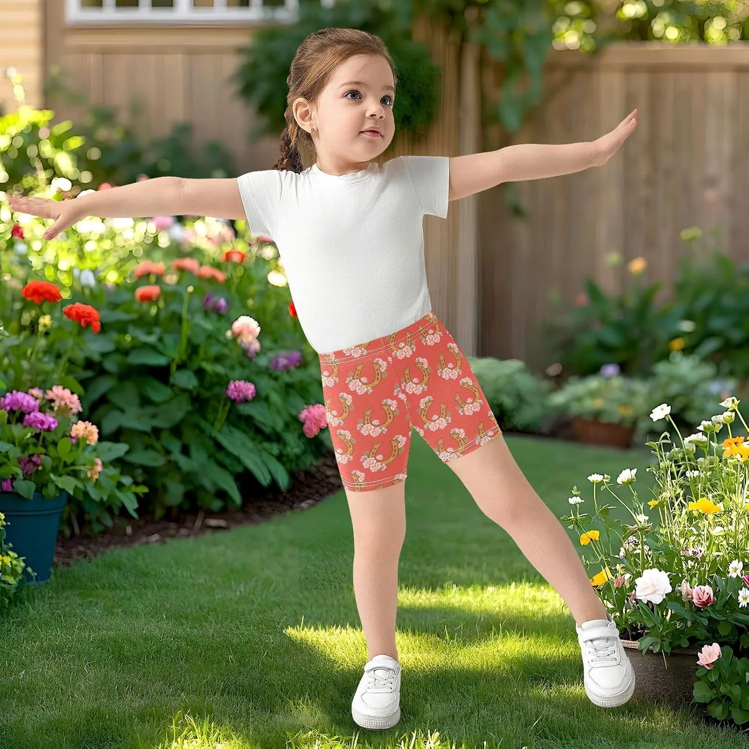 Girls' Bike Shorts Cute Horseshoe Flower Pattern Soft Cotton Leggings Shorts for Kids Summer Clothes 4-10 Years
