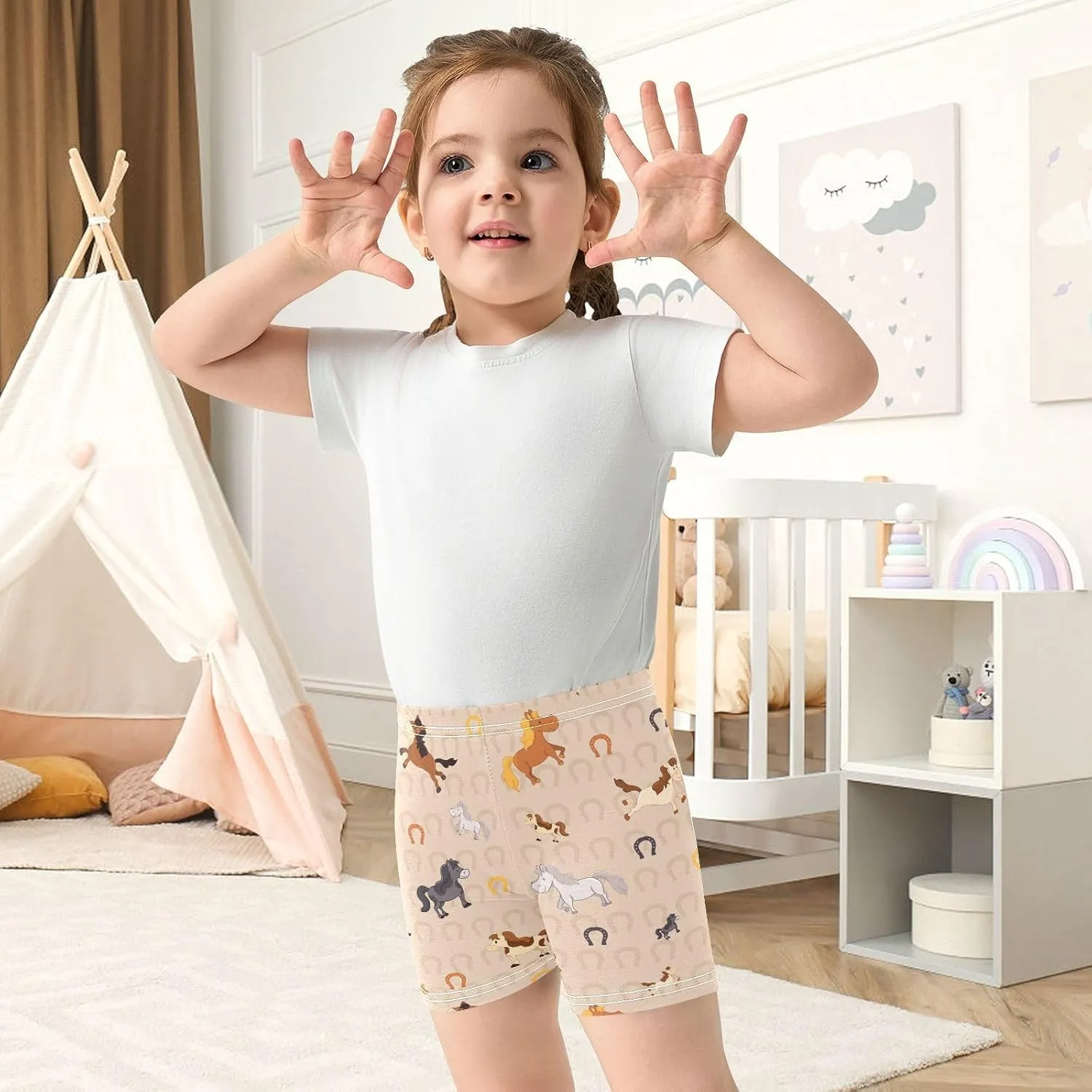 Girls' Bike Shorts Horse Horseshoe Animal Soft Breathable Cotton Leggings Shorts for Kids Summer Clothes 4-10 Years