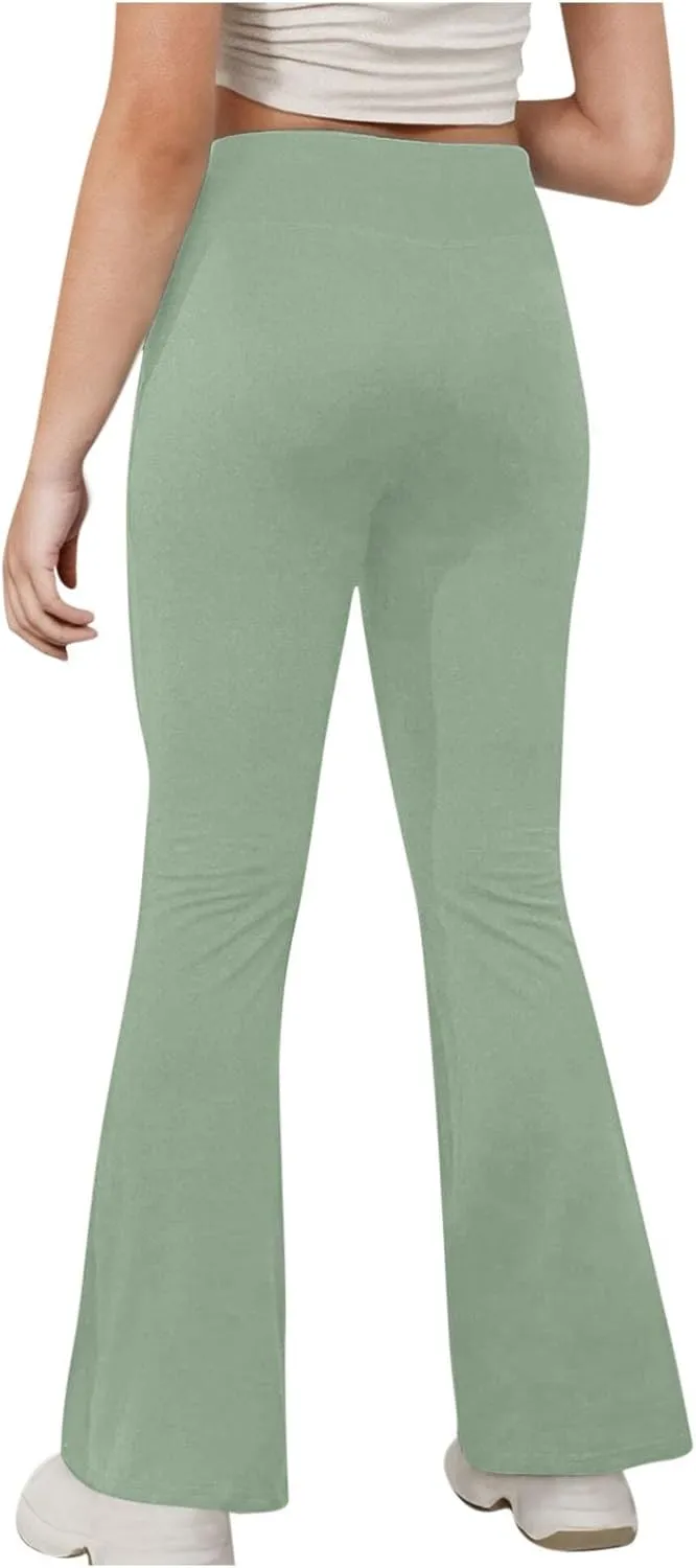 Girls Flare Leggings Cross High Waisted Yoga Pants Bootcut Leggings Kids Stretch Dance Bell Bottoms with Pockets Soft