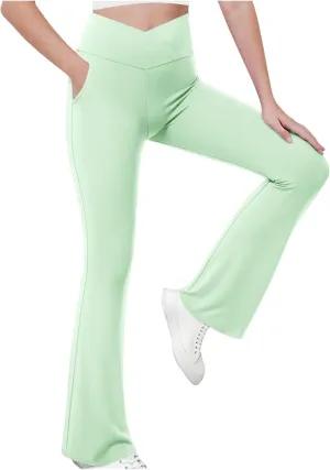 Girls Flare Leggings Cross High Waisted Yoga Pants Bootcut Leggings Kids Stretch Dance Bell Bottoms with Pockets Soft