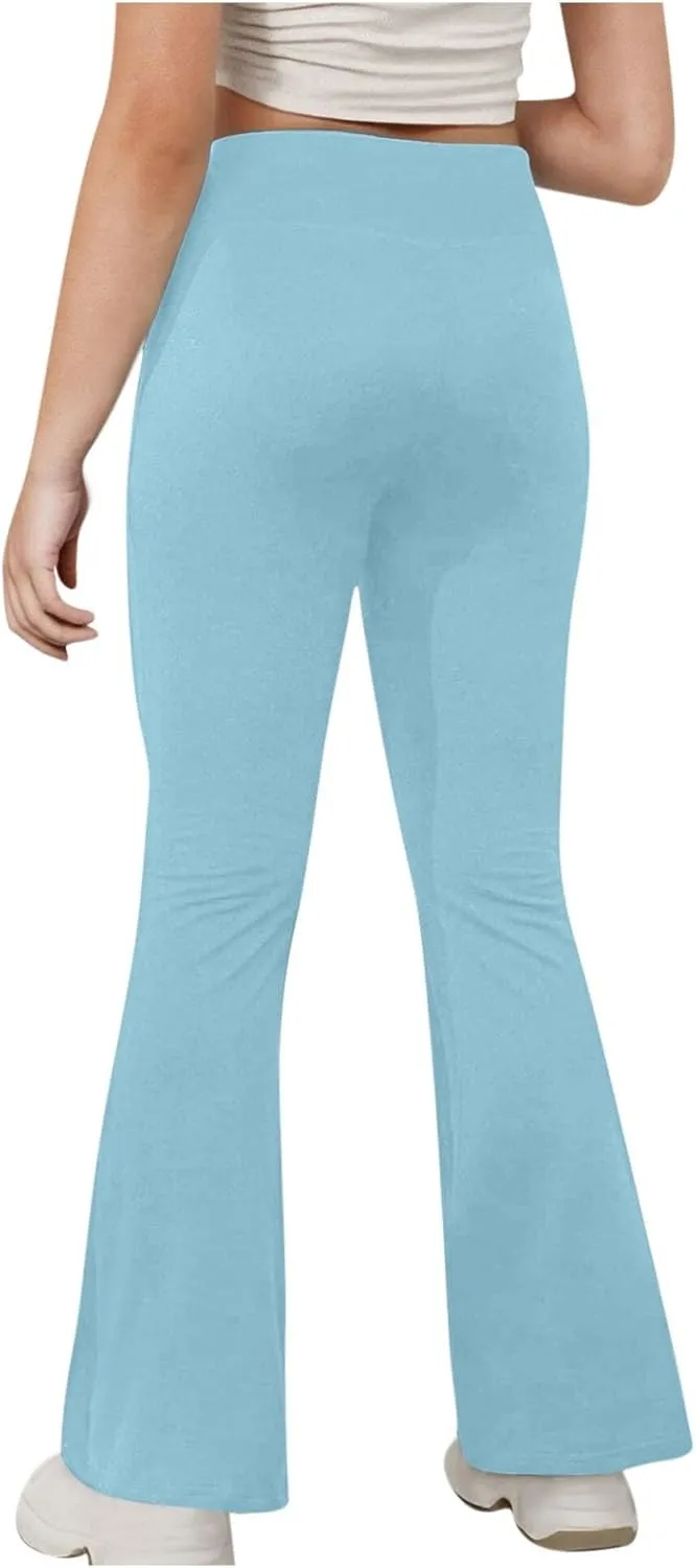 Girls Flare Leggings Cross High Waisted Yoga Pants Bootcut Leggings Kids Stretch Dance Bell Bottoms with Pockets Soft