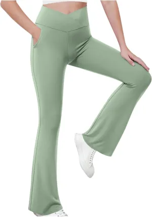 Girls Flare Leggings Cross High Waisted Yoga Pants Bootcut Leggings Kids Stretch Dance Bell Bottoms with Pockets Soft