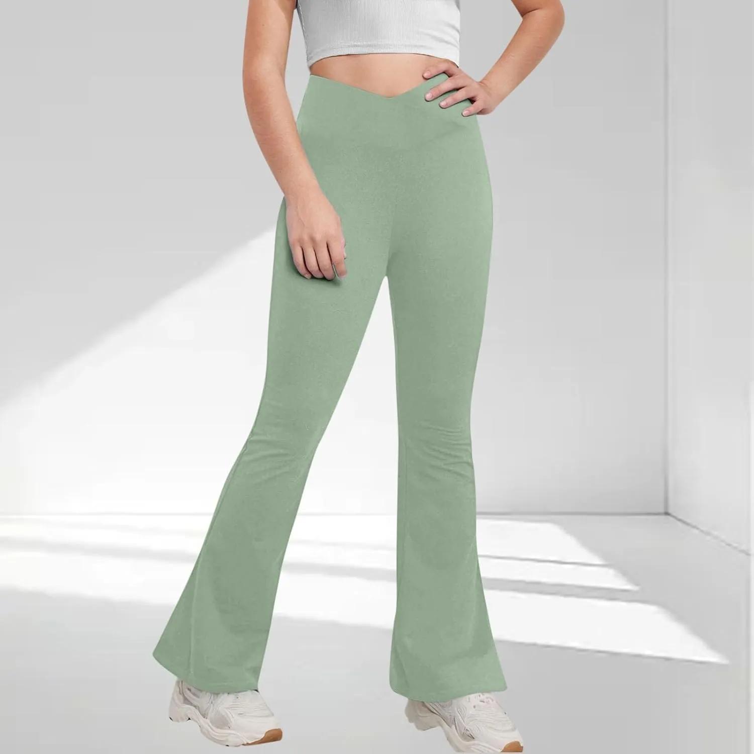 Girls Flare Leggings Cross High Waisted Yoga Pants Bootcut Leggings Kids Stretch Dance Bell Bottoms with Pockets Soft