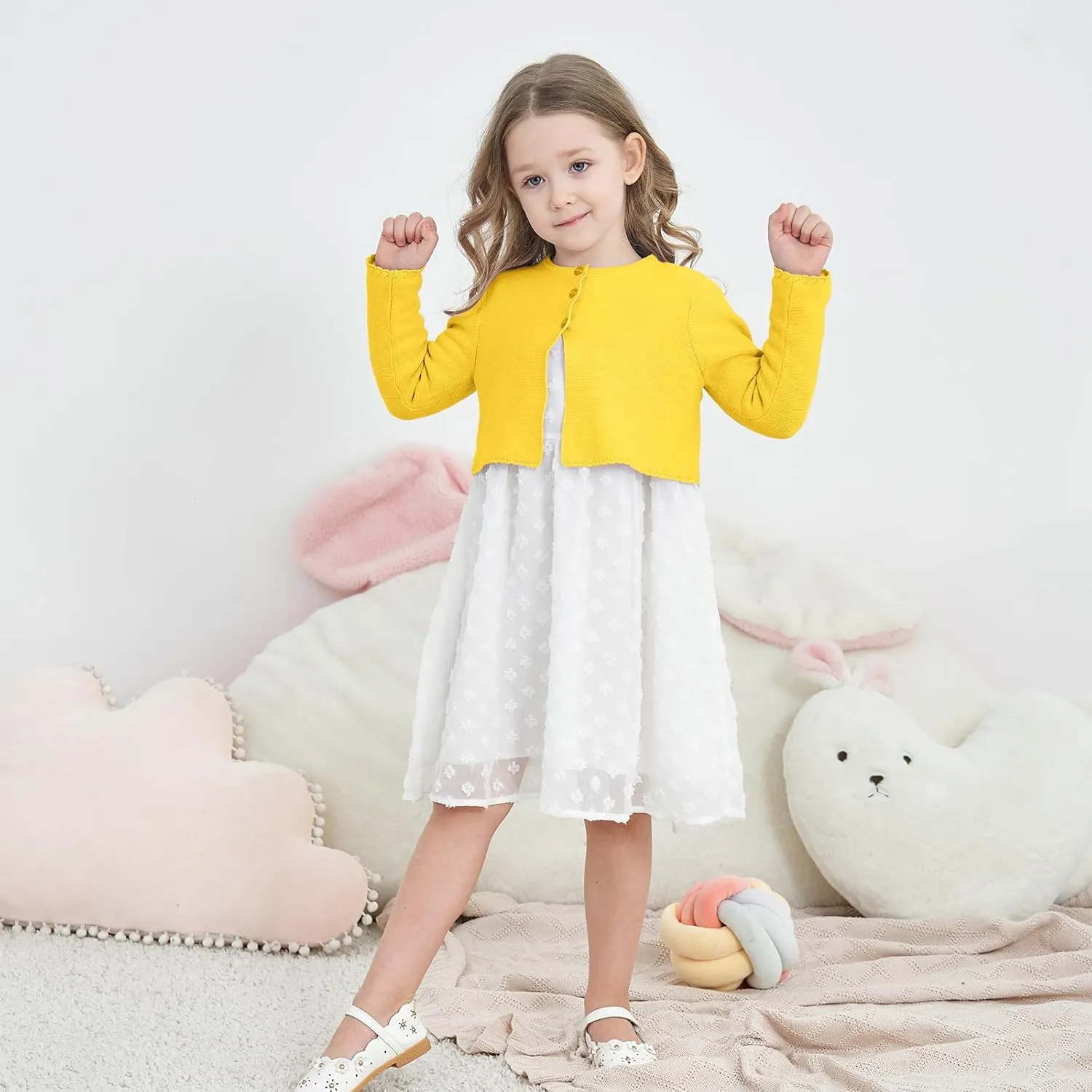 Girls' Long Sleeve Knitted Bolero Cardigan Kids Button Closure Shrug Sweaters Cropped Jacket Cover Up Tops