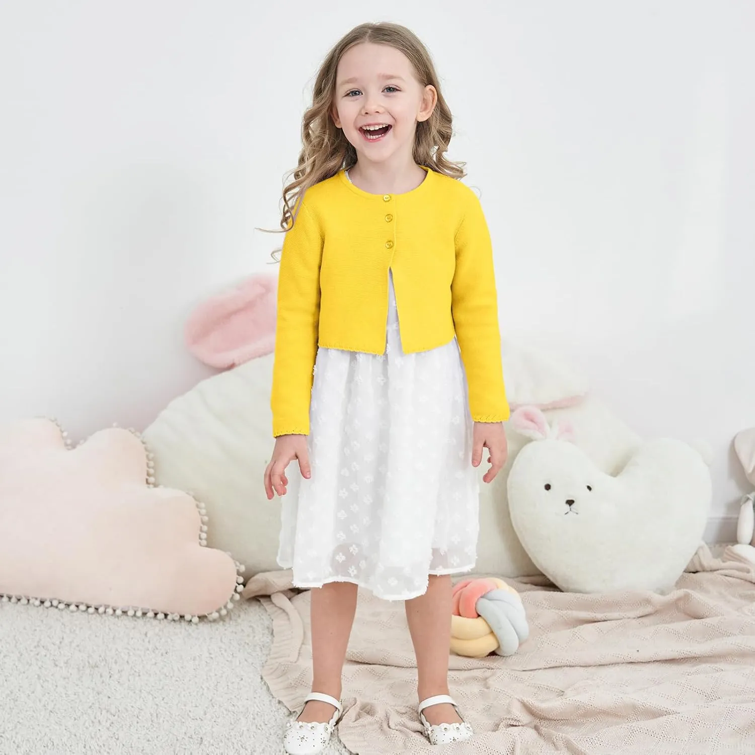 Girls' Long Sleeve Knitted Bolero Cardigan Kids Button Closure Shrug Sweaters Cropped Jacket Cover Up Tops