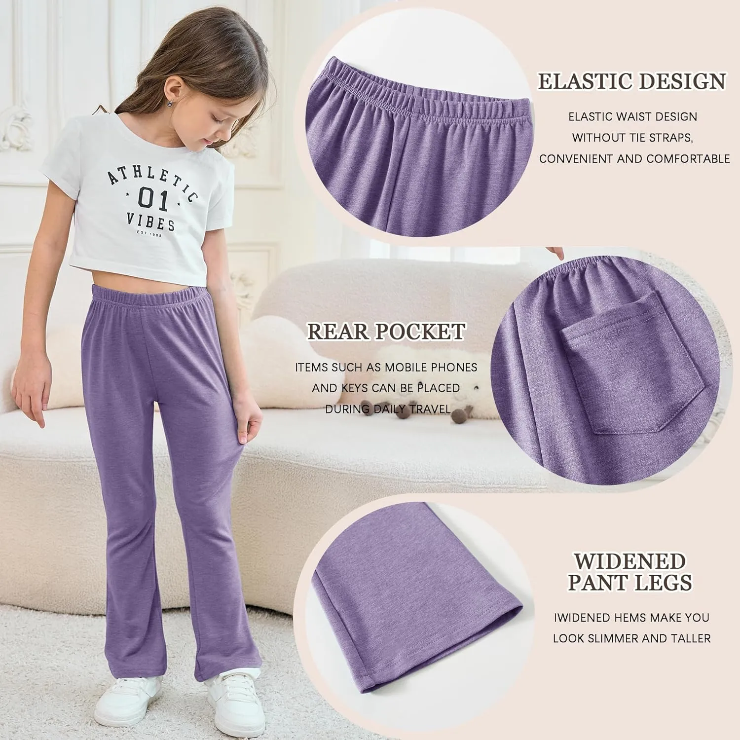 Girls Mid-Rise Flared Pants, 3 Pack Soft Rayon Stretch Bell Bottoms for Kids, Skinny Fit Bootcut Leggings