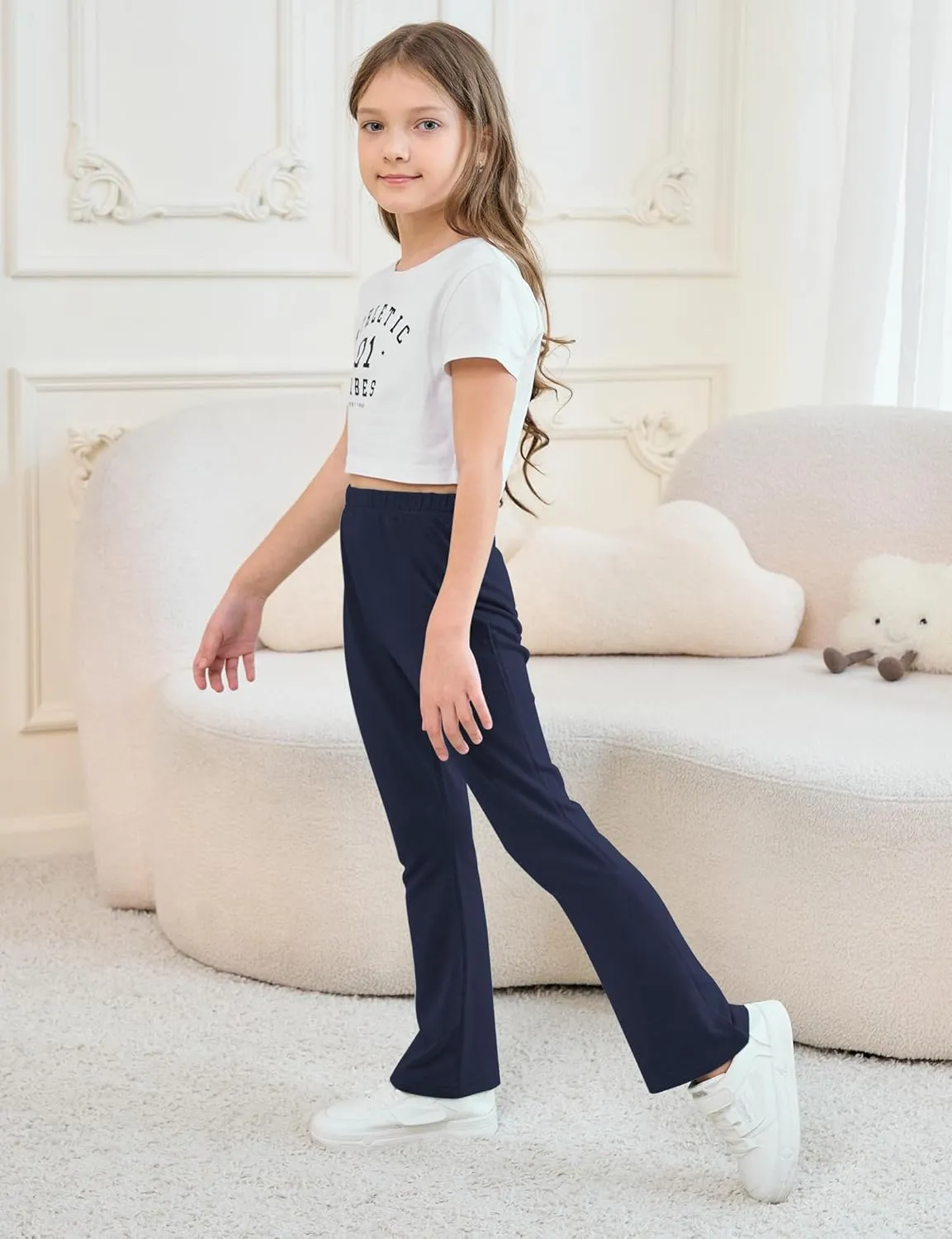Girls Mid-Rise Flared Pants, 3 Pack Soft Rayon Stretch Bell Bottoms for Kids, Skinny Fit Bootcut Leggings