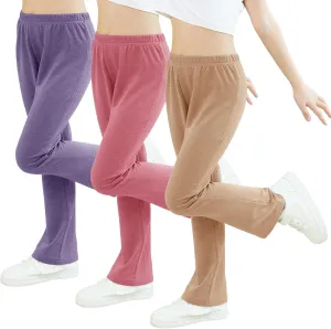 Girls Mid-Rise Flared Pants, 3 Pack Soft Rayon Stretch Bell Bottoms for Kids, Skinny Fit Bootcut Leggings