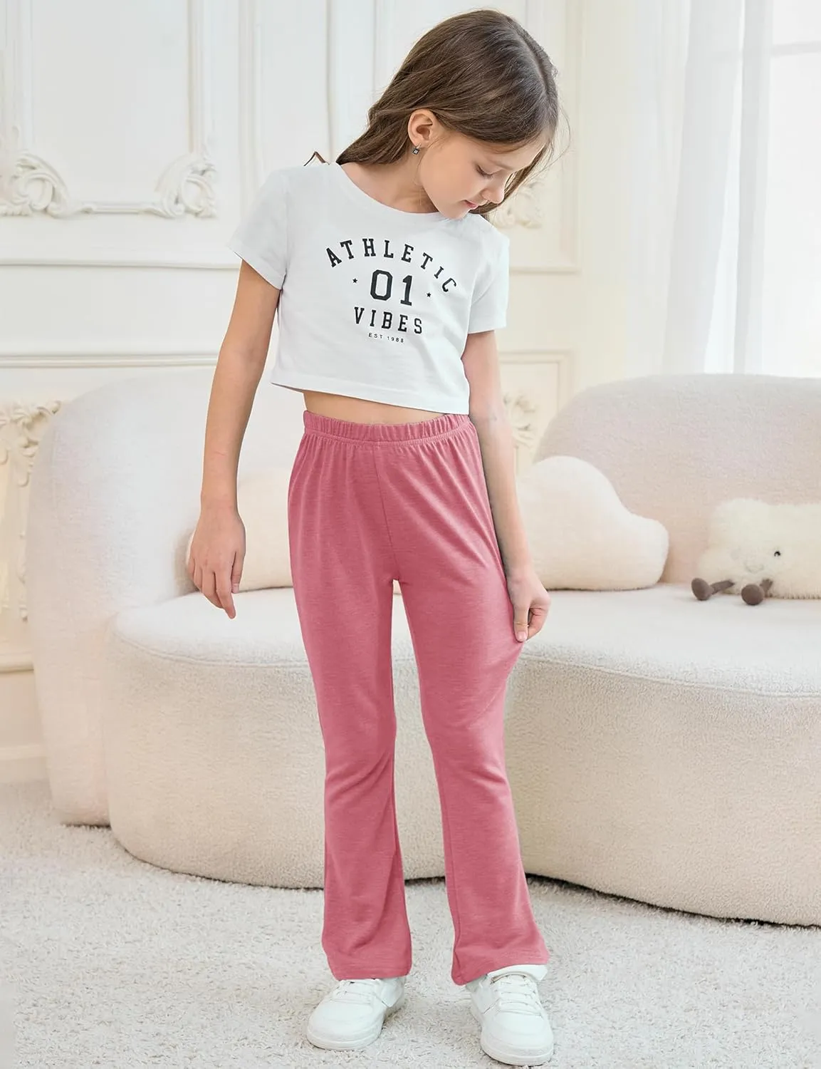 Girls Mid-Rise Flared Pants, 3 Pack Soft Rayon Stretch Bell Bottoms for Kids, Skinny Fit Bootcut Leggings