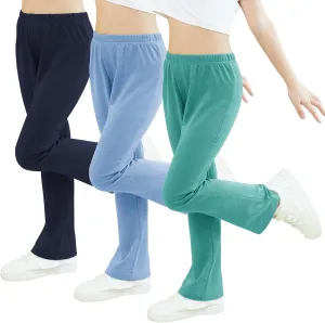 Girls Mid-Rise Flared Pants, 3 Pack Soft Rayon Stretch Bell Bottoms for Kids, Skinny Fit Bootcut Leggings