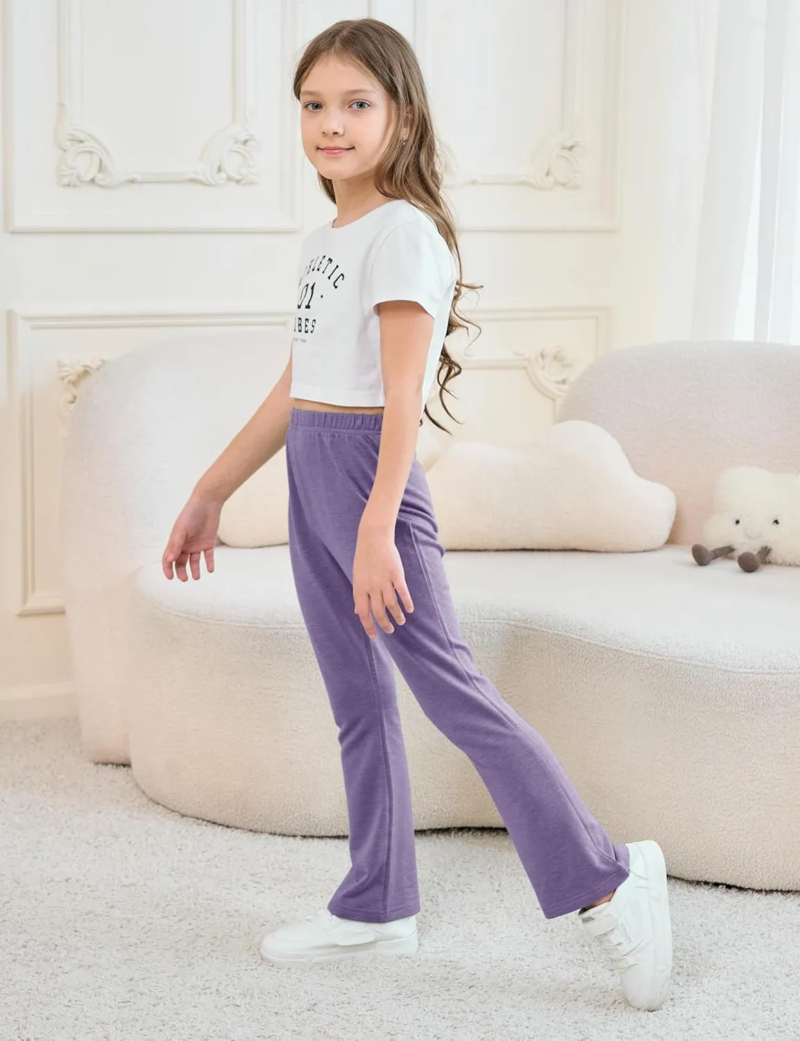 Girls Mid-Rise Flared Pants, 3 Pack Soft Rayon Stretch Bell Bottoms for Kids, Skinny Fit Bootcut Leggings