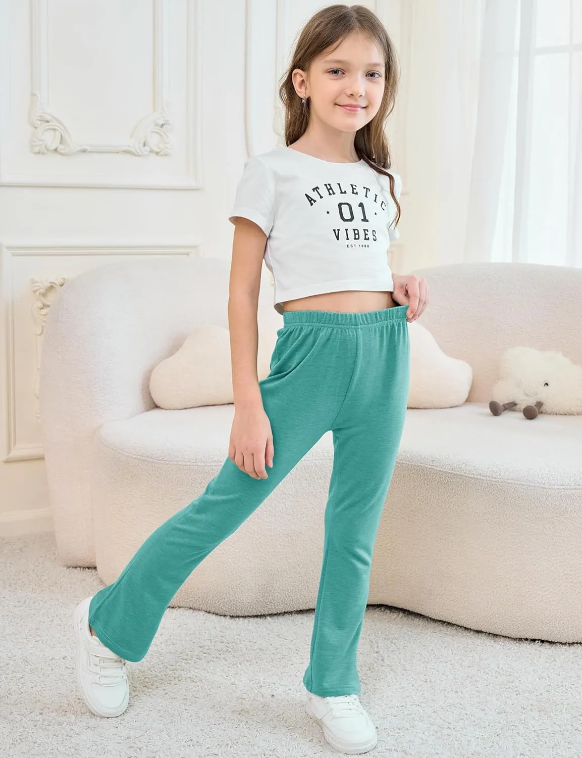 Girls Mid-Rise Flared Pants, 3 Pack Soft Rayon Stretch Bell Bottoms for Kids, Skinny Fit Bootcut Leggings