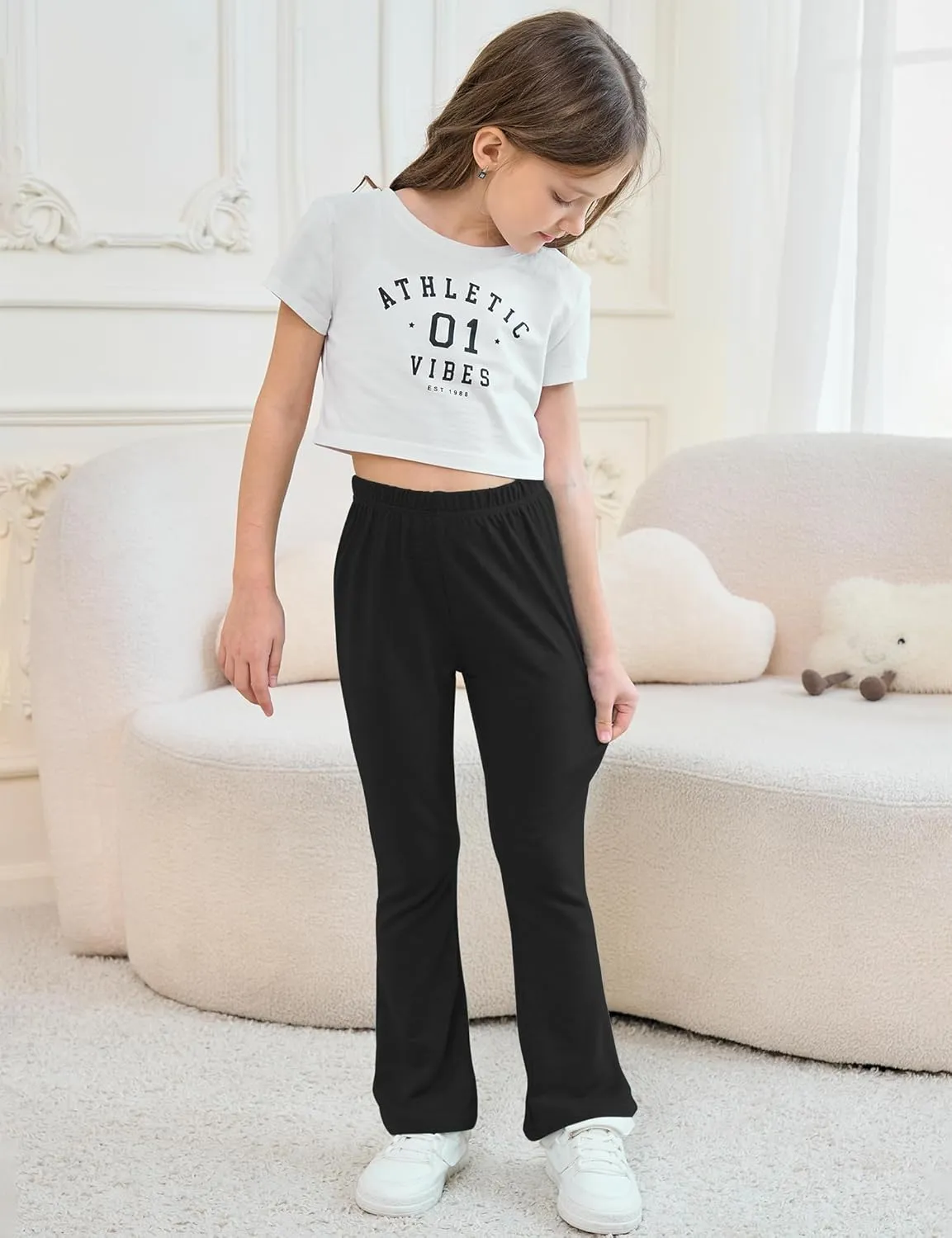 Girls Mid-Rise Flared Pants, 3 Pack Soft Rayon Stretch Bell Bottoms for Kids, Skinny Fit Bootcut Leggings