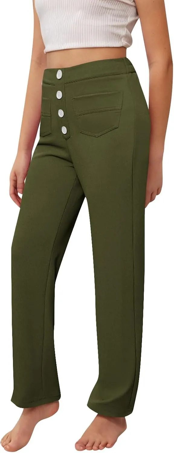 Girls Straight Leg Pants Kids High Waist Button Yoga Bootcut Pants with Pockets Fashion School Uniform Pants