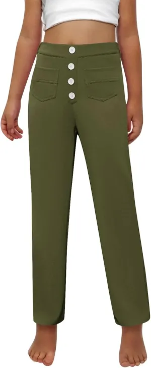 Girls Straight Leg Pants Kids High Waist Button Yoga Bootcut Pants with Pockets Fashion School Uniform Pants