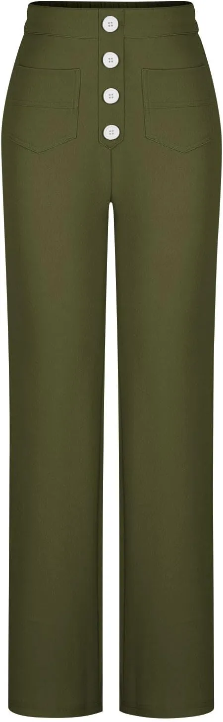 Girls Straight Leg Pants Kids High Waist Button Yoga Bootcut Pants with Pockets Fashion School Uniform Pants