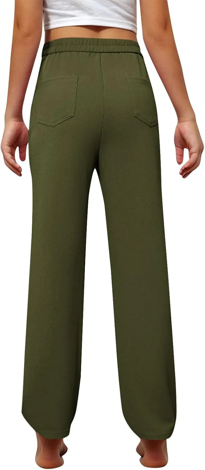 Girls Straight Leg Pants Kids High Waist Button Yoga Bootcut Pants with Pockets Fashion School Uniform Pants