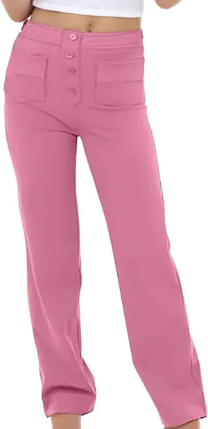Girls Straight Leg Pants Kids High Waist Button Yoga Bootcut Pants with Pockets Fashion School Uniform Pants