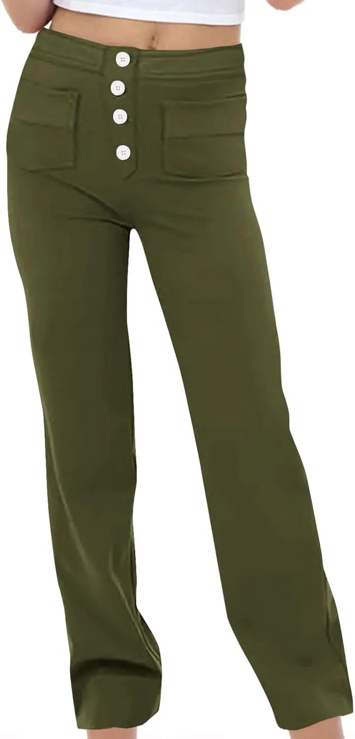 Girls Straight Leg Pants Kids High Waist Button Yoga Bootcut Pants with Pockets Fashion School Uniform Pants