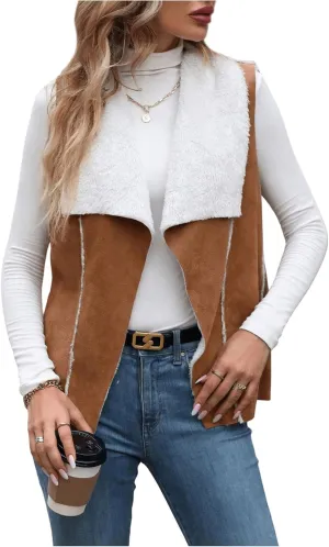 GORGLITTER Women's Fuzzy Vest Outerwear Trendy Fall Fleece Sherpa Vest Sleeveless Old Money Coat Vests