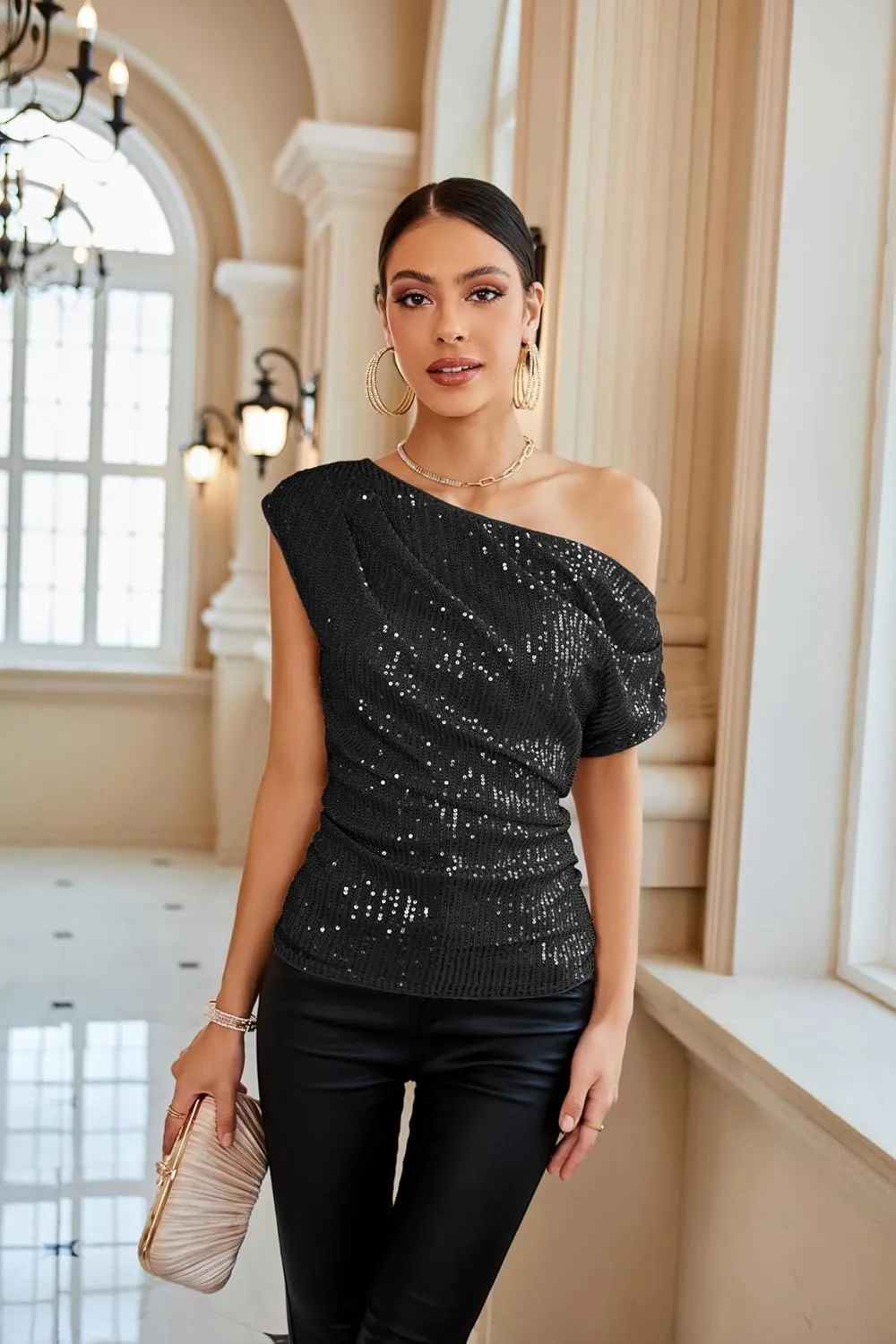 GRACE KARIN One Shoulder Sequin Sparkly Tops for Women Ruched Asymmetrical Glitter Tops Slimming Sparkle Party Shirts