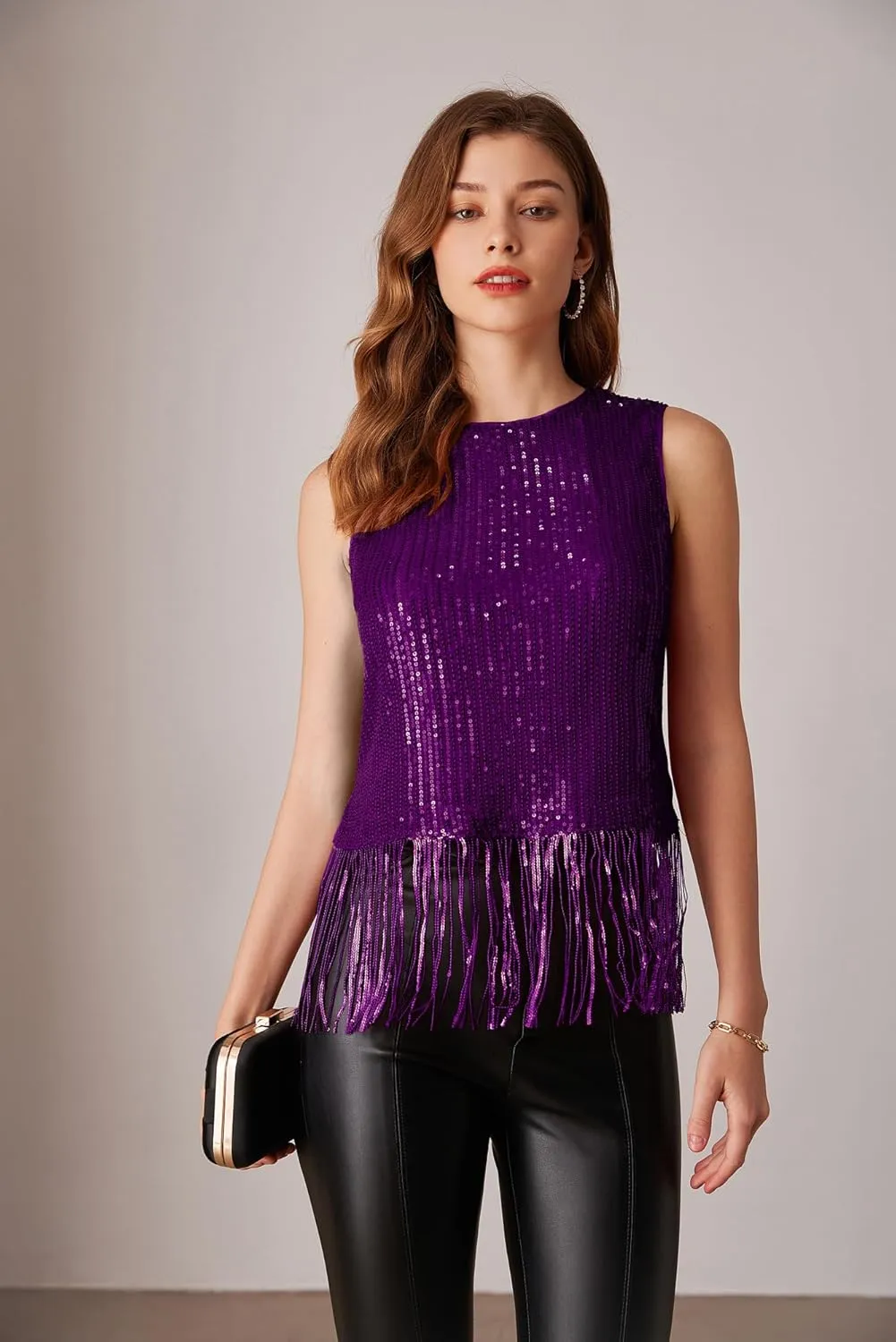 GRACE KARIN Sparkly Fringe Tops for Women Sleeveless Crewneck Tassel Sequin Tank Top Glitter Crop Party Shirt Cami Outfit